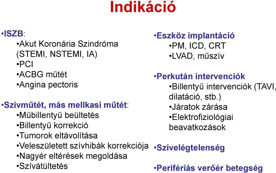 eltérések megoldása Szívátültetés Eszköz implantáció PM, ICD, CRT LVAD, műszív Perkután intervenciók Billentyű