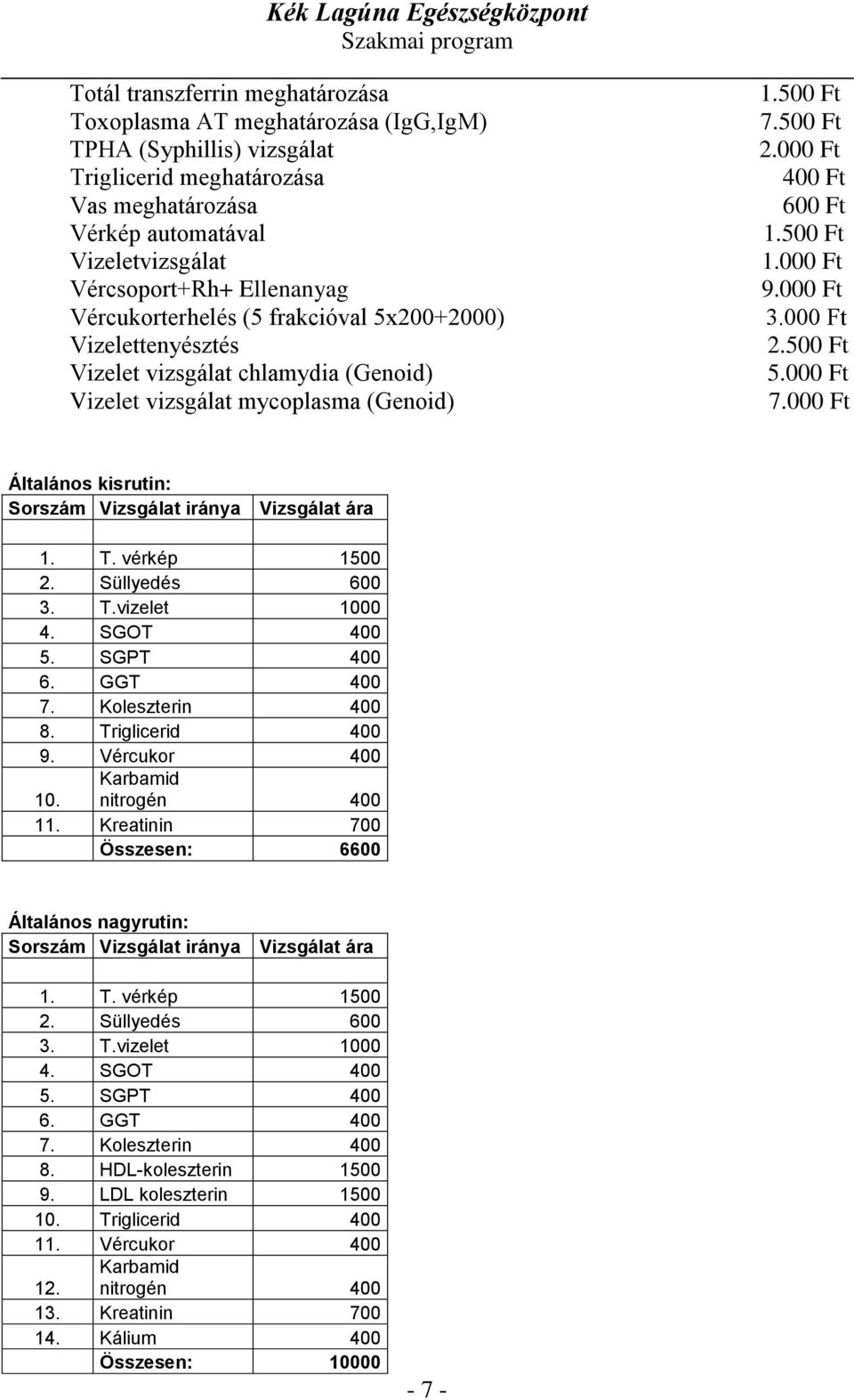 000 Ft Általános kisrutin: Sorszám Vizsgálat iránya Vizsgálat ára 1. T. vérkép 1500 2. Süllyedés 600 3. T.vizelet 1000 4. SGOT 400 5. SGPT 400 6. GGT 400 7. Koleszterin 400 8. Triglicerid 400 9.
