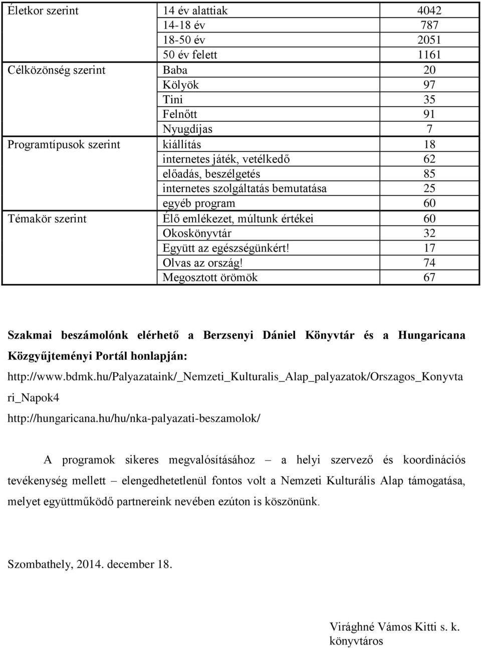 17 Olvas az ország! 74 Megosztott örömök 67 Szakmai beszámolónk elérhető a Berzsenyi Dániel Könyvtár és a Hungaricana Közgyűjteményi Portál honlapján: http://www.bdmk.