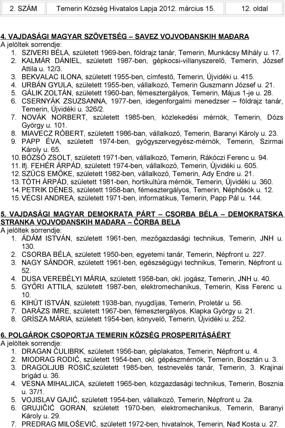 BEKVALAC ILONA, született 1955-ben, címfestő, Temerin, Újvidéki u. 415. 4. URBÁN GYULA, született 1955-ben, vállalkozó, Temerin Guszmann József u. 21. 5.