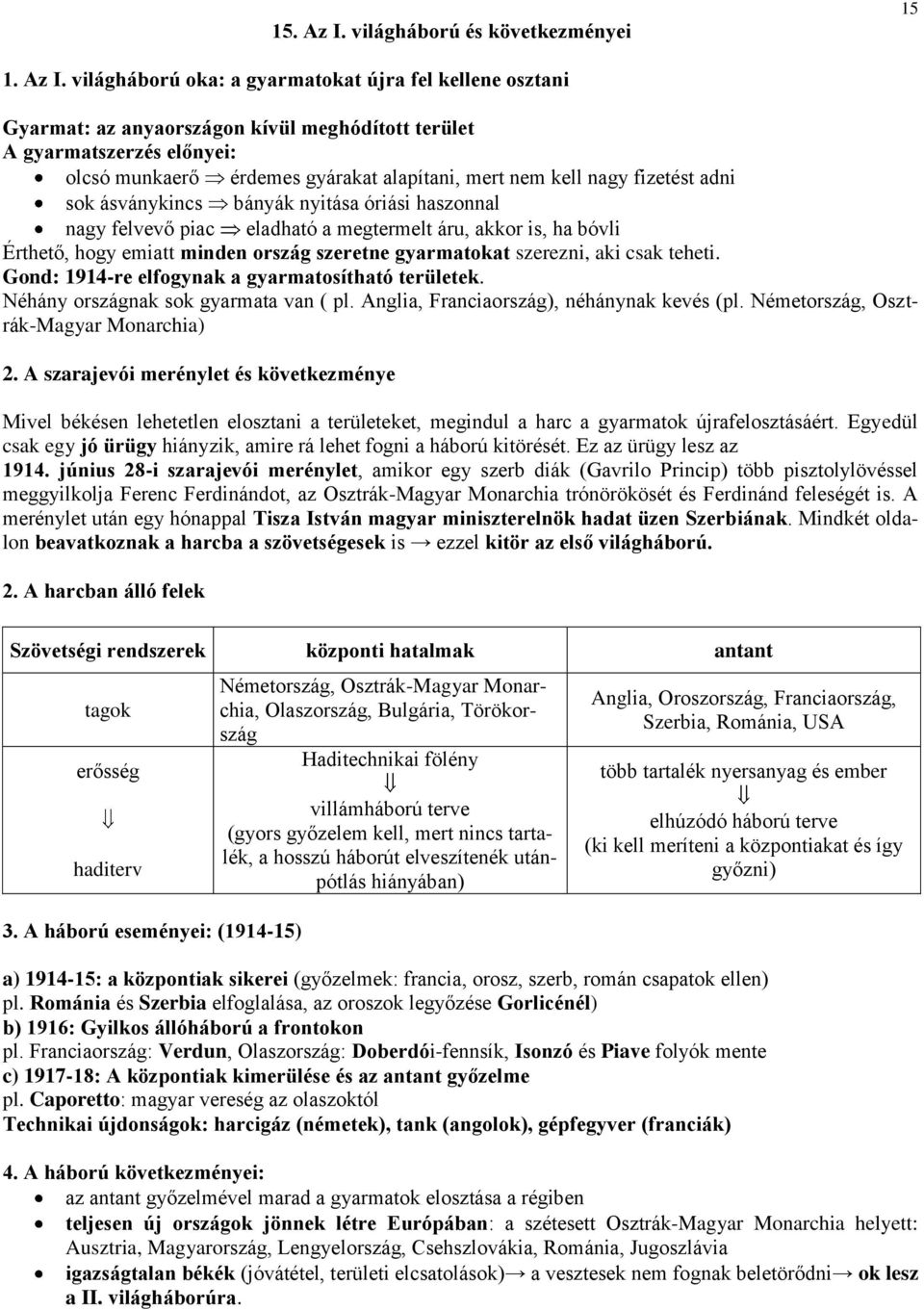 világháború oka: a gyarmatokat újra fel kellene osztani Gyarmat: az anyaországon kívül meghódított terület A gyarmatszerzés előnyei: olcsó munkaerő érdemes gyárakat alapítani, mert nem kell nagy