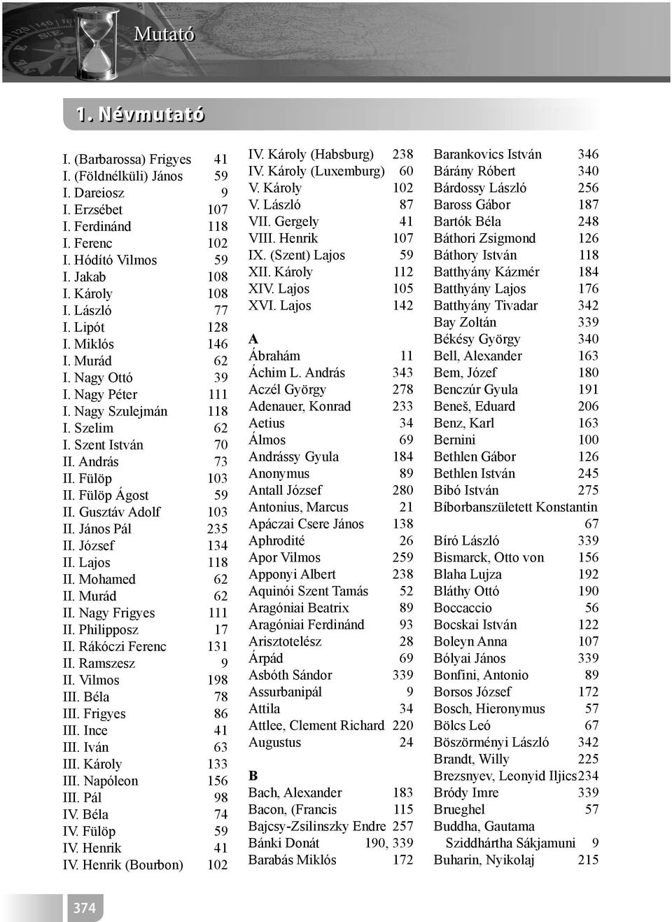 János Pál 235 II. József 134 II. Lajos 118 II. Mohamed 62 II. Murád 62 II. Nagy Frigyes 111 II. Philipposz 17 II. Rákóczi Ferenc 131 II. Ramszesz 9 II. Vilmos 198 III. Béla 78 III. Frigyes 86 III.