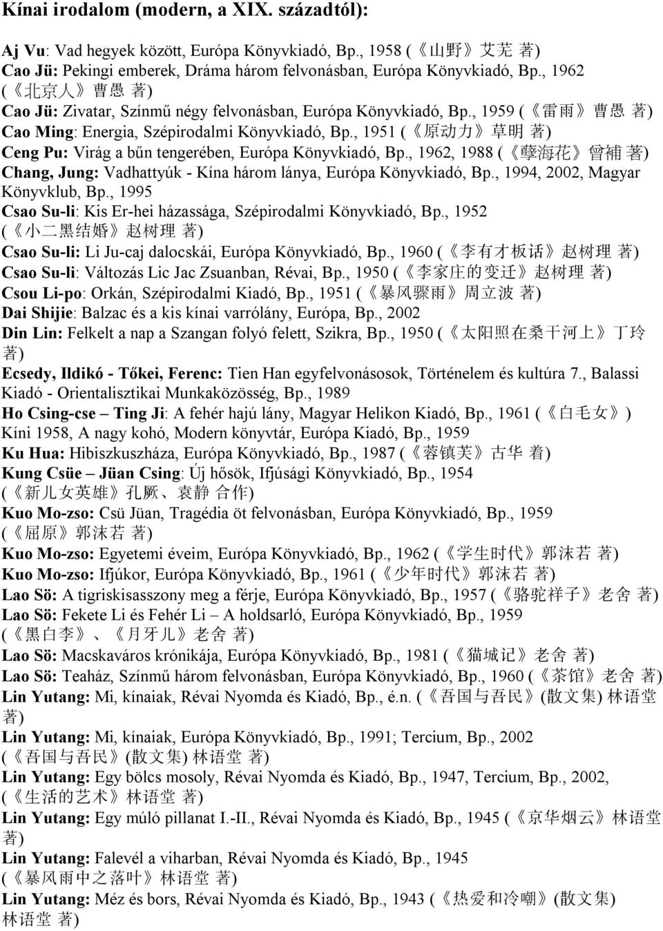 , 1962, 1988 ( š œ ) Chang, Jung: Vadhattyúk - Kína három lánya, Európa Könyvkiadó, Bp., 1994, 2002, Magyar Könyvklub, Bp., 1995 Csao Su-li: Kis Er-hei házassága, Szépirodalmi Könyvkiadó, Bp.