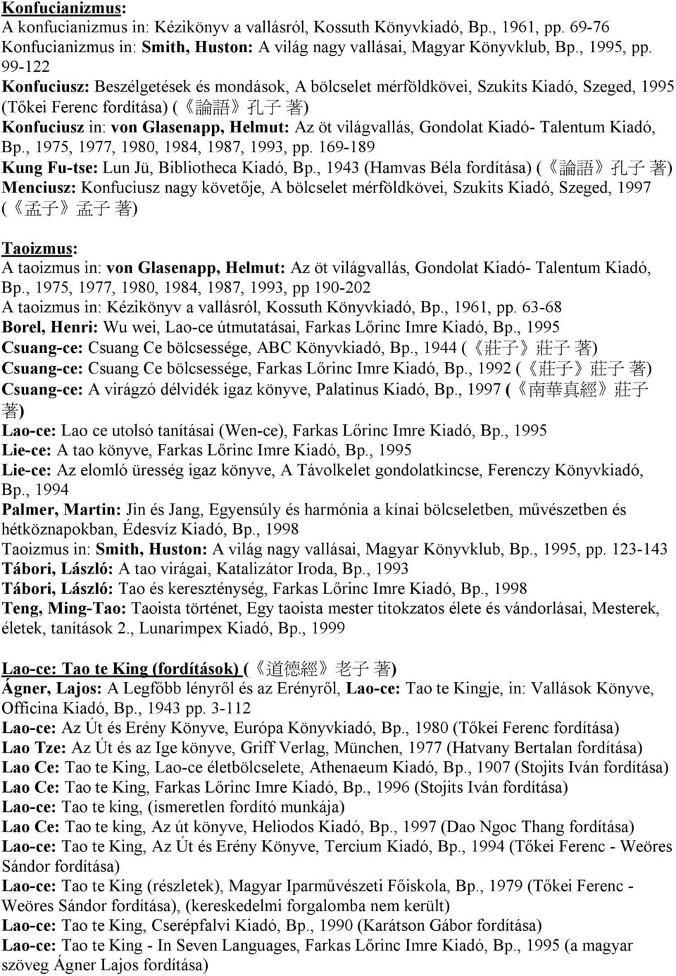 Kiadó- Talentum Kiadó, Bp., 1975, 1977, 1980, 1984, 1987, 1993, pp. 169-189 Kung Fu-tse: Lun Jü, Bibliotheca Kiadó, Bp.