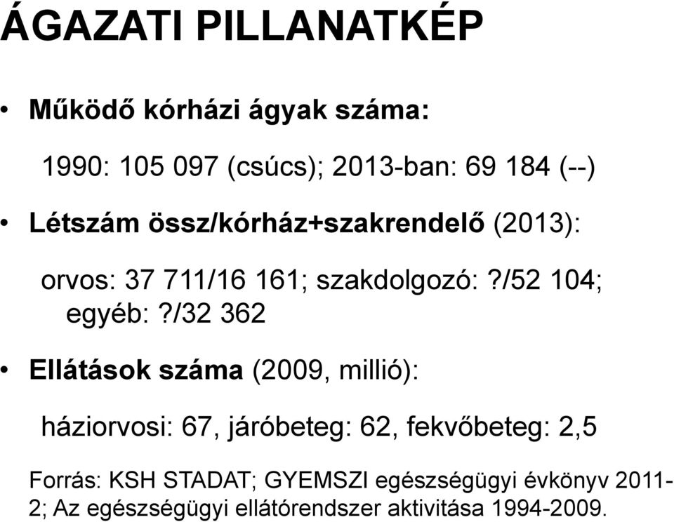 /32 362 Ellátások száma (2009, millió): háziorvosi: 67, járóbeteg: 62, fekvőbeteg: 2,5 Forrás: