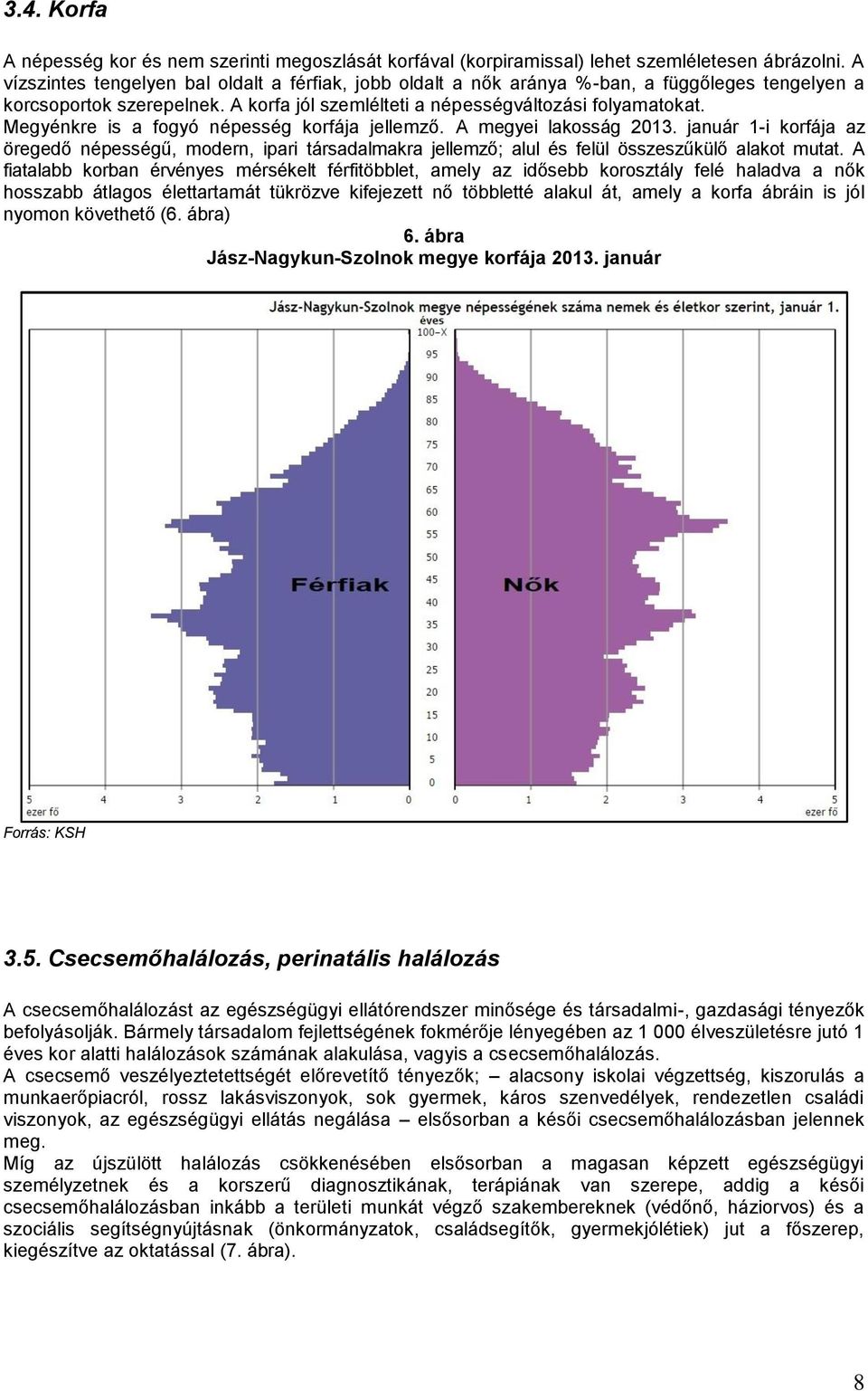 Megyénkre is a fogyó népesség korfája jellemző. A megyei lakosság 2013. január 1-i korfája az öregedő népességű, modern, ipari társadalmakra jellemző; alul és felül összeszűkülő alakot mutat.