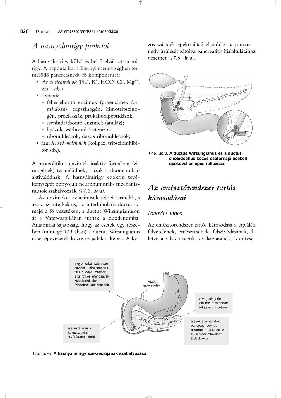 ); enzimek: fehérjebontó enzimek (proenzimek formájában): tripszinogén, kimotripszinogén, proelasztáz, prokaboxipeptidázok; szénhidrátbontó enzimek (amiláz); lipázok, zsírbontó észterázok;