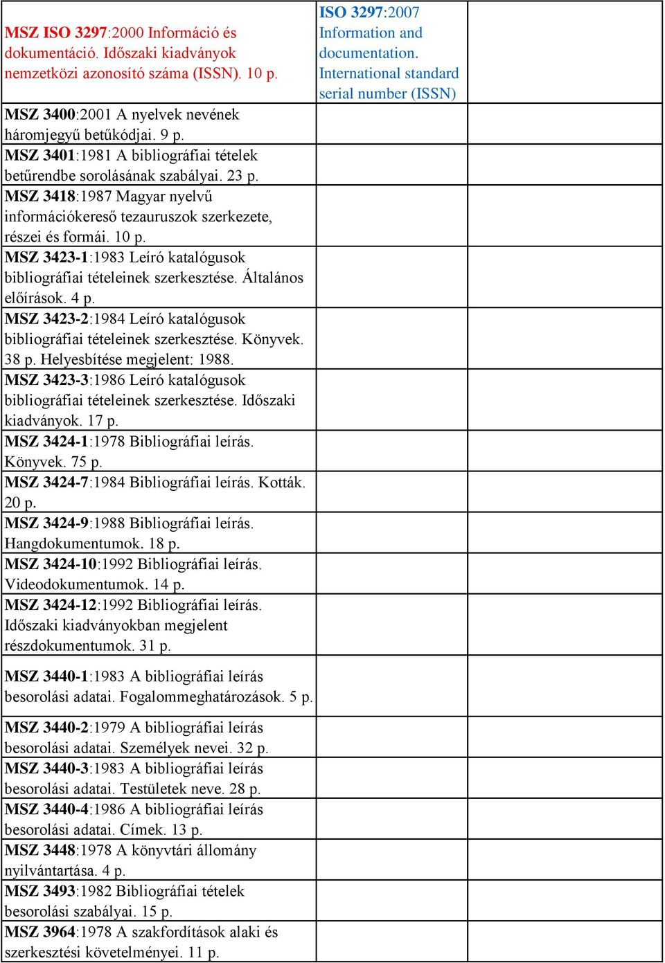 10 MSZ 3423-1:1983 Leíró katalógusok bibliográfiai tételeinek szerkesztése. Általános előírások. 4 MSZ 3423-2:1984 Leíró katalógusok bibliográfiai tételeinek szerkesztése. Könyvek.