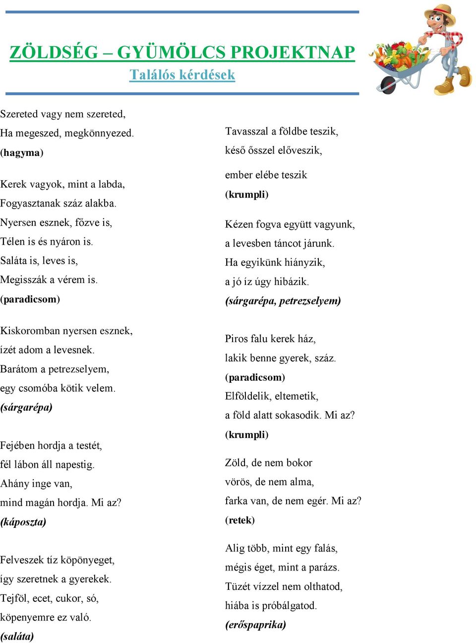 Barátom a petrezselyem, egy csomóba kötik velem. (sárgarépa) Fejében hordja a testét, fél lábon áll napestig. Ahány inge van, mind magán hordja. Mi az?