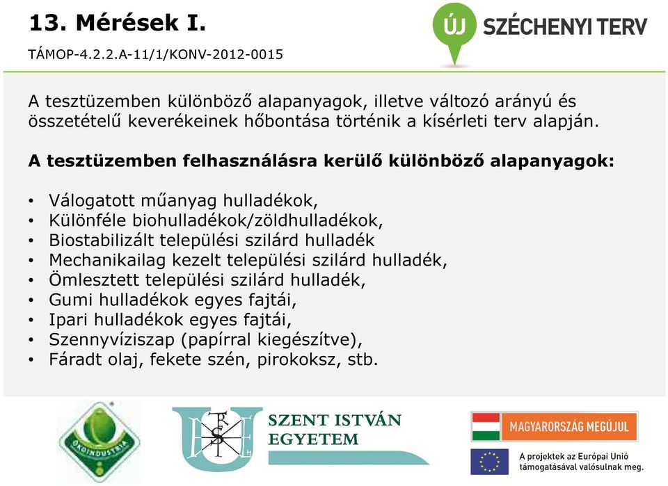 A tesztüzemben felhasználásra kerülő különböző alapanyagok: Válogatott műanyag hulladékok, Különféle biohulladékok/zöldhulladékok,