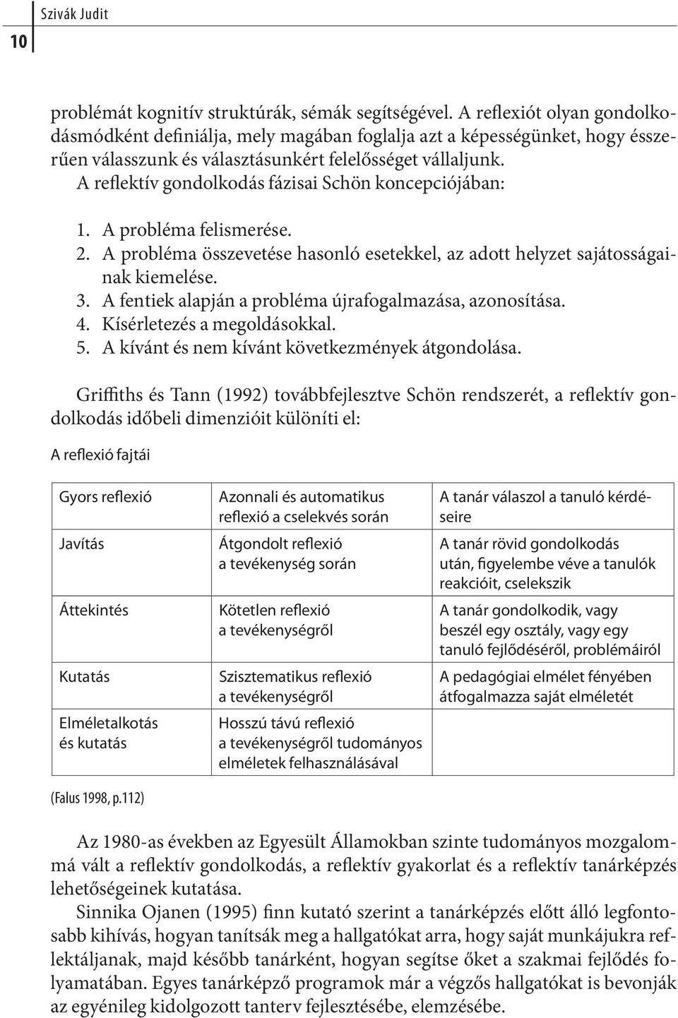 A reflektív gondolkodás fázisai Schön koncepciójában: 1. A probléma felismerése. 2. A probléma összevetése hasonló esetekkel, az adott helyzet sajátosságainak kieme lé se. 3.