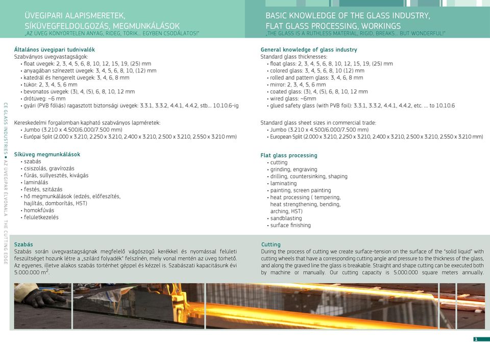 CE GL ASS INDUSTRIES A Z Ü V E G I PA R É LV O N A L A T H E C U T T I N G E D G E Általános üvegipari tudnivalók Szabványos üvegvastagságok: ﬂoat üvegek: 2, 3, 4, 5, 6, 8, 10, 12, 15, 19, (25) mm