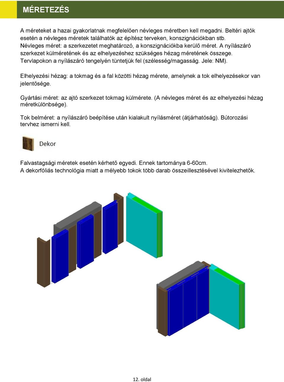 Tervlapokon a nyílászáró tengelyén tüntetjük fel (szélesség/magasság. Jele: NM). Elhelyezési hézag: a tokmag és a fal közötti hézag mérete, amelynek a tok elhelyezésekor van jelentősége.