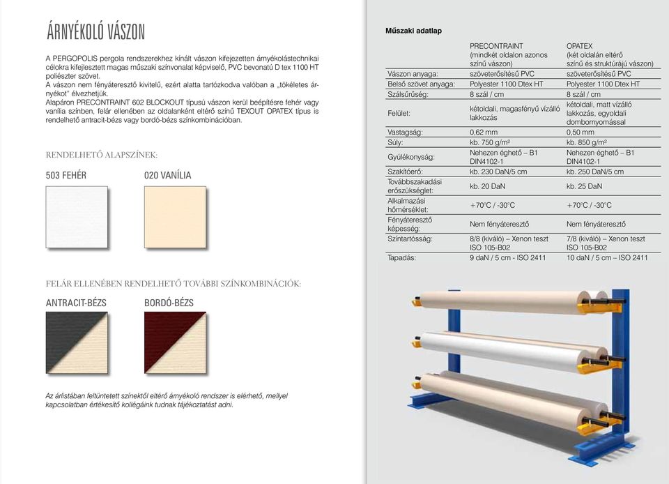 Alapáron PRECONTRAINT 2 BOCKOUT típusú vászon kerül beépítésre fehér vagy vanília színben, felár ellenében az oldalanként eltérõ színû TEXOUT OPATEX típus is rendelhetõ antracit-bézs vagy bordó-bézs