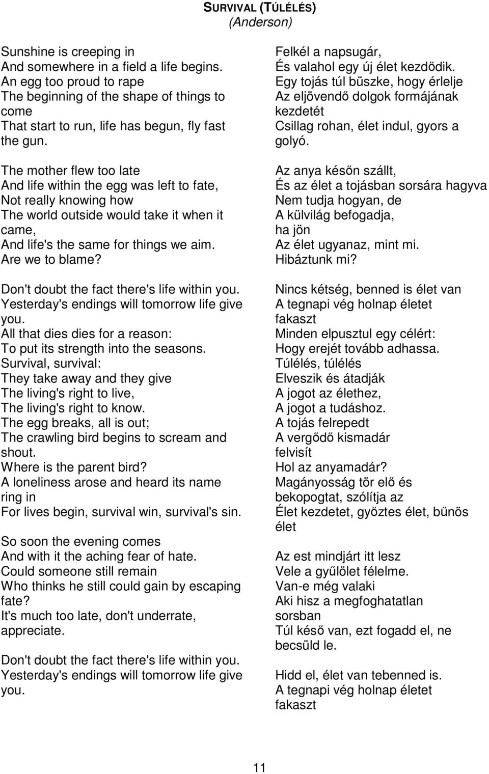YES dalszövegek angolul, magyarul YES lyrics in English, in Hungarian - PDF  Ingyenes letöltés
