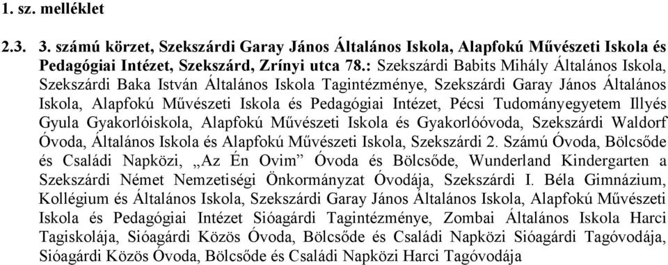 Tudományegyetem Illyés Gyula Gyakorlóiskola, Alapfokú Művészeti Iskola és Gyakorlóóvoda, Szekszárdi Waldorf Óvoda, Általános Iskola és Alapfokú Művészeti Iskola, Szekszárdi 2.