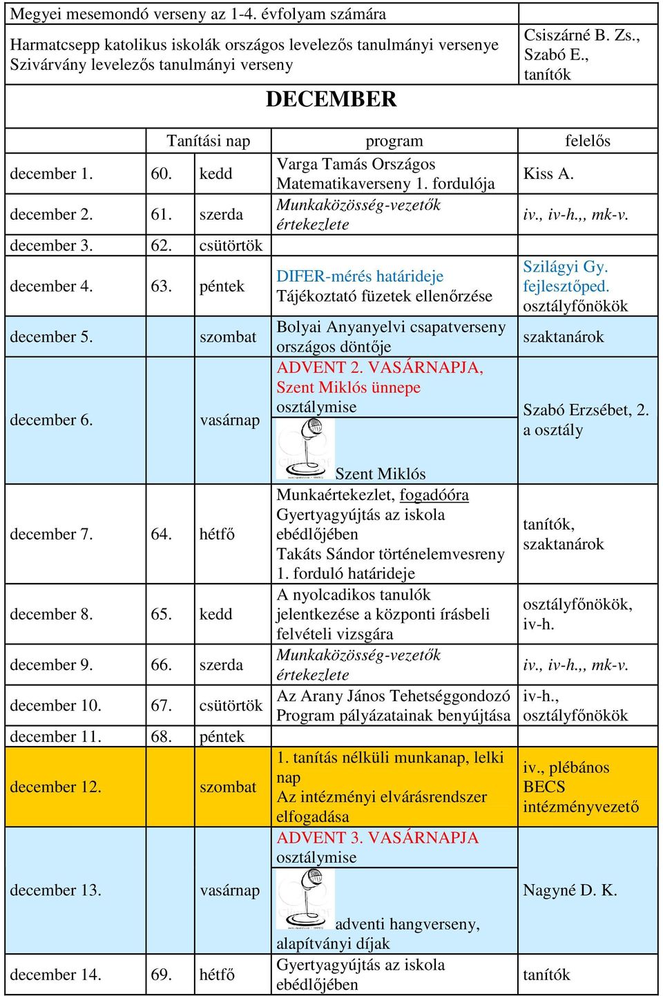 péntek Szilágyi Gy. DIFER-mérés határideje fejlesztőped. Tájékoztató füzetek ellenőrzése december 5. Bolyai Anyanyelvi csapatverseny december 6. országos döntője ADVENT 2.