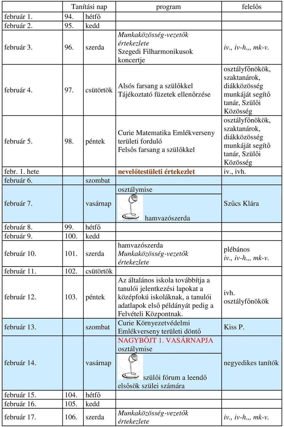 segítő tanár, Szülői Közösség,, diákközösség munkáját segítő tanár, Szülői Közösség febr. 1. hete nevelőtestületi értekezlet iv., ivh. február 6. február 7. Szűcs Klára február 8. 99. hétfő február 9.