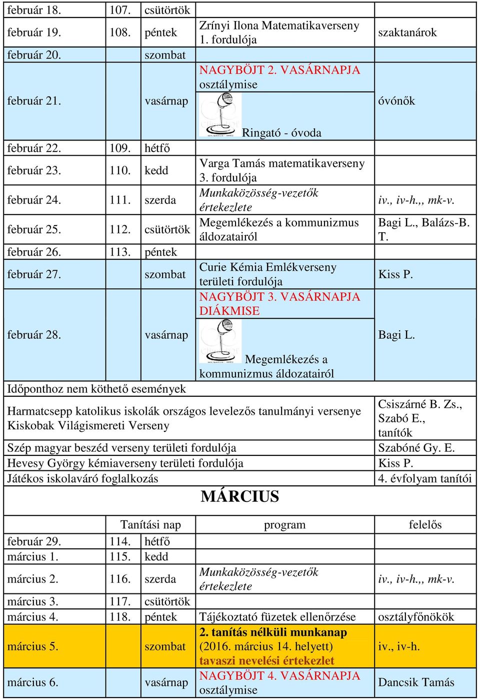 fordulója Megemlékezés a kommunizmus áldozatairól Curie Kémia Emlékverseny területi fordulója NAGYBÖJT 3. VASÁRNAPJA DIÁKMISE óvónők Bagi L.