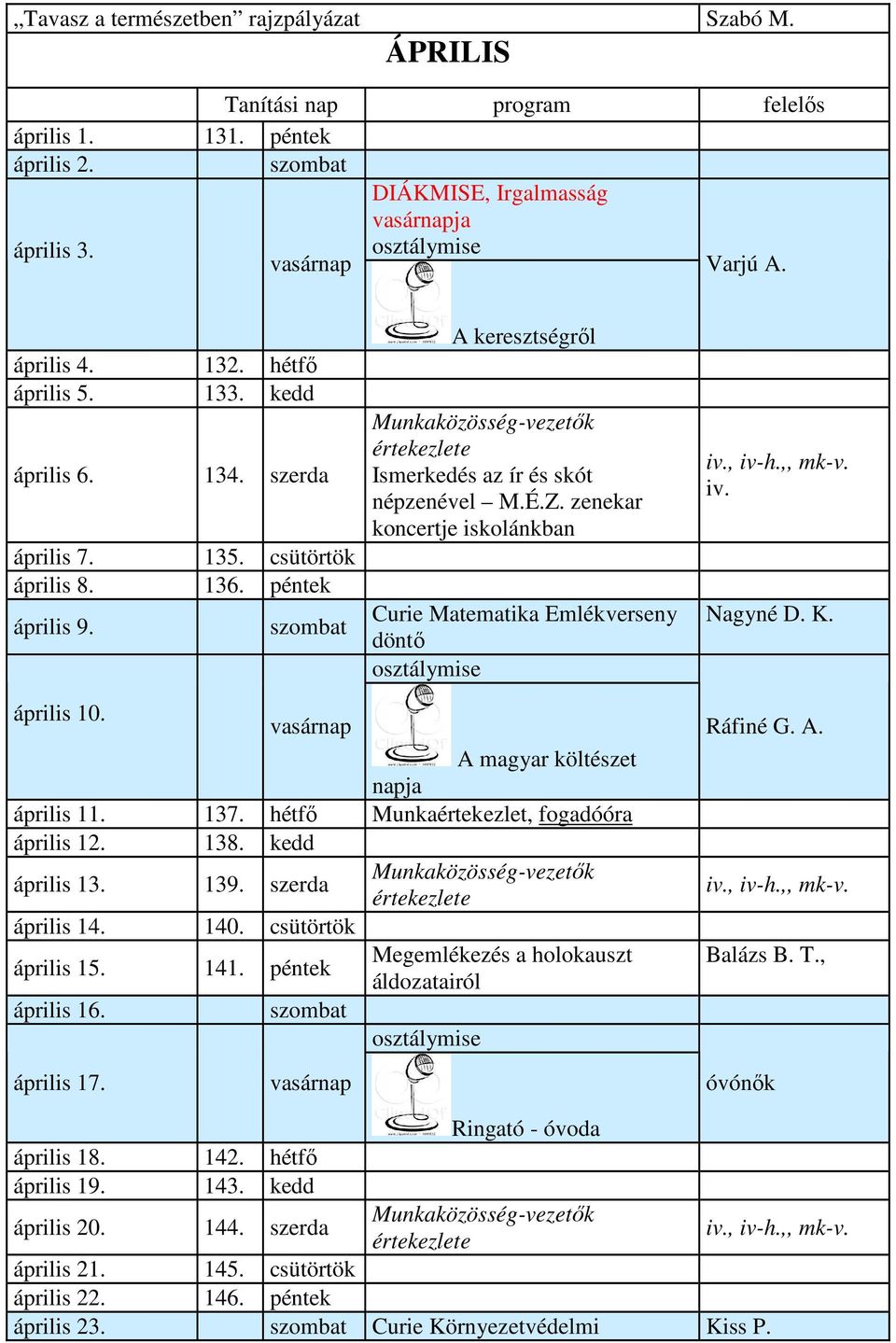 zenekar koncertje iskolánkban Curie Matematika Emlékverseny döntő iv. Nagyné D. K. április 10. A magyar költészet napja április 11. 137. hétfő Munkaértekezlet, fogadóóra április 12. 138.