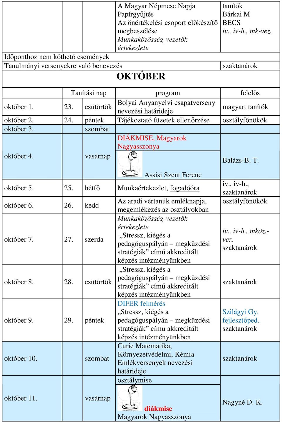 DIÁKMISE, Magyarok Nagyasszonya október 4. Balázs-B. T. Assisi Szent Ferenc október 5. 25. hétfő Munkaértekezlet, fogadóóra október 6. 26. kedd október 7. 27. szerda október 8. 28.