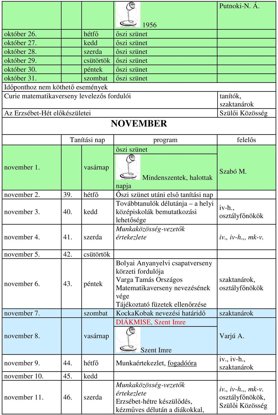november 1. Mindenszentek, halottak napja november 2. 39. hétfő Őszi szünet utáni első tanítási nap Továbbtanulók délutánja a helyi november 3. 40.