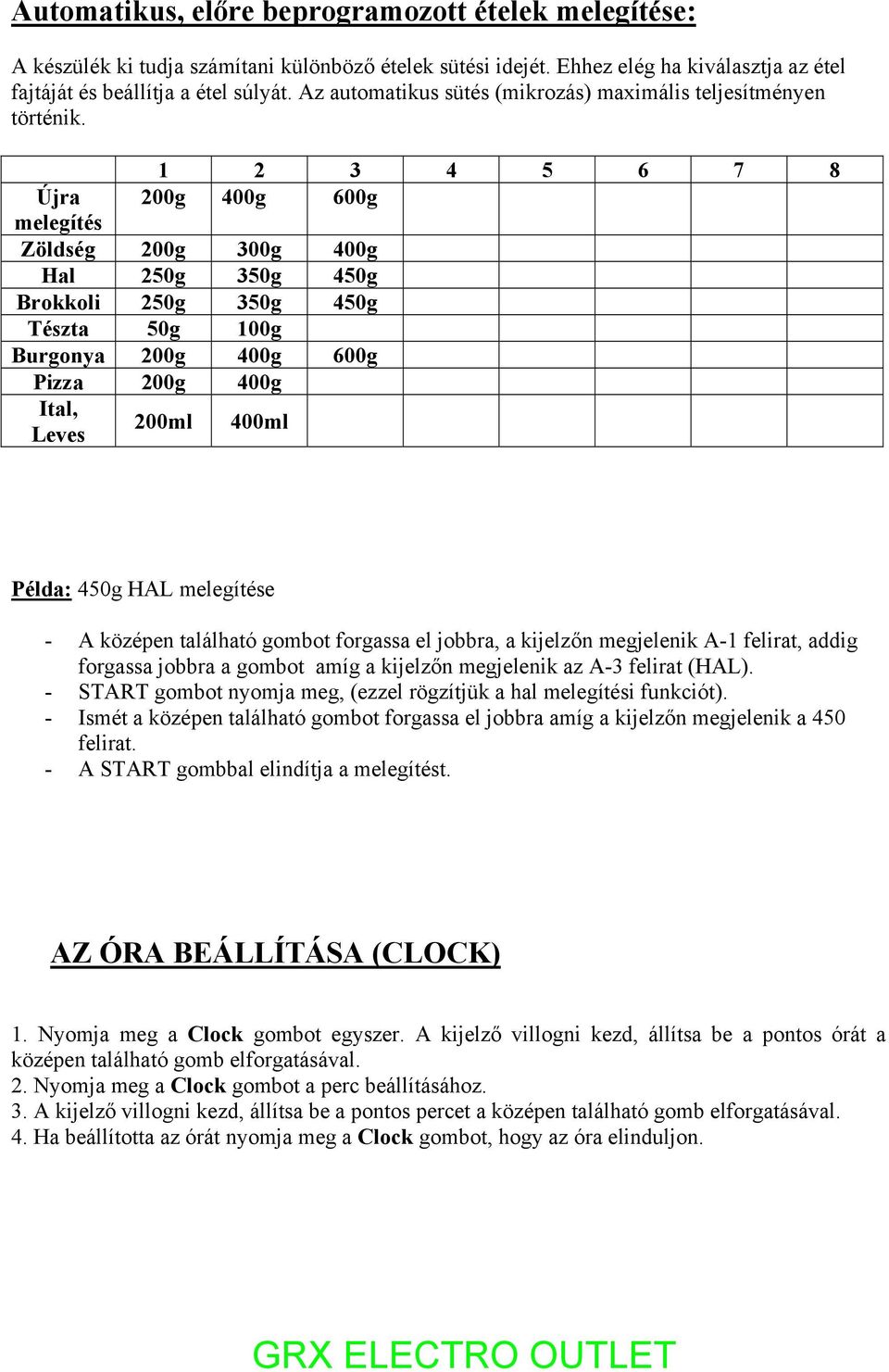 1 2 3 4 5 6 7 8 200g 400g 600g Újra melegítés Zöldség 200g 300g 400g Hal 250g 350g 450g Brokkoli 250g 350g 450g Tészta 50g 100g Burgonya 200g 400g 600g Pizza 200g 400g Ital, Leves 200ml 400ml Példa: