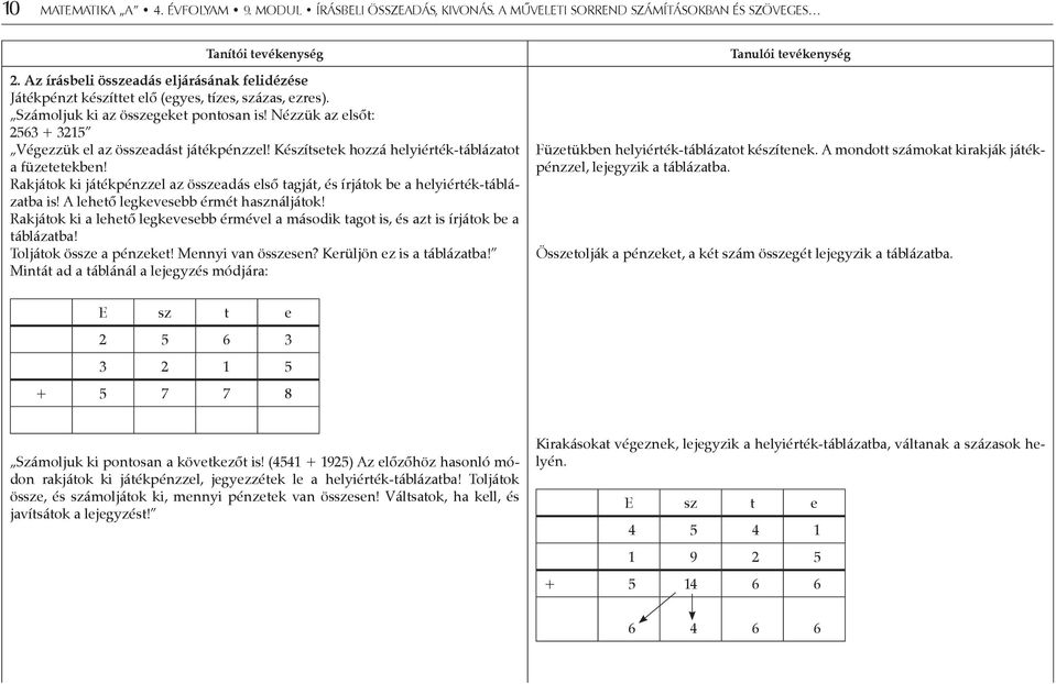 Nézzük az elsőt: 2563 + 3215 Végezzük el az összeadást játékpénzzel! Készítsetek hozzá helyiérték-táblázatot a füzetetekben!