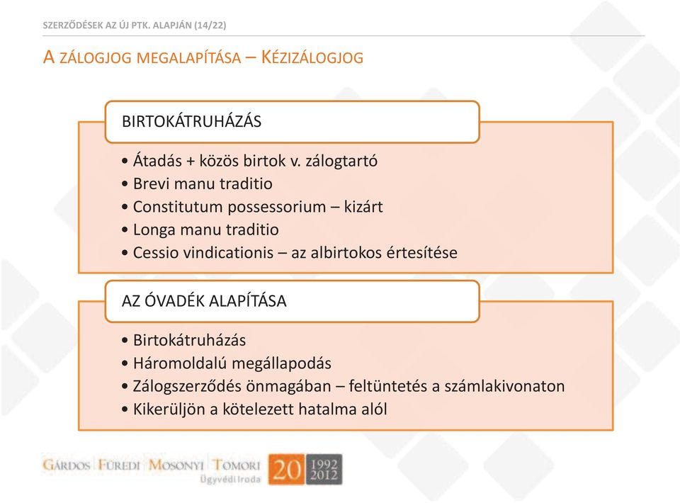 zálogtartó Brevi manu traditio Constitutum possessorium kizárt Longa manu traditio Cessio