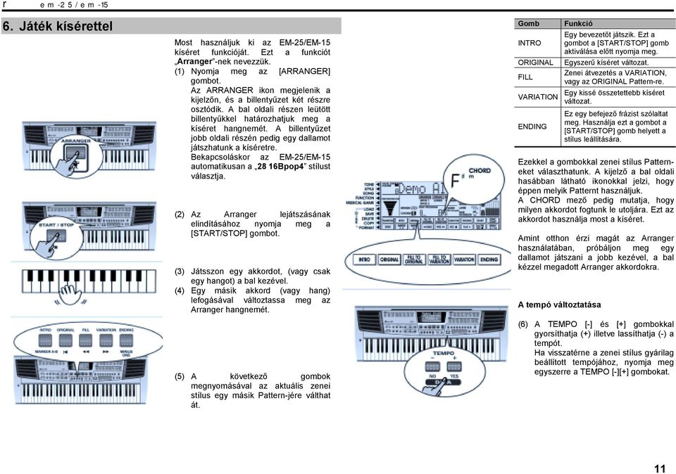 A billentyűzet jobb oldali részén pedig egy dallamot játszhatunk a kíséretre. Bekapcsoláskor az EM-25/EM-15 automatikusan a 28 16Bpop4 stílust választja.