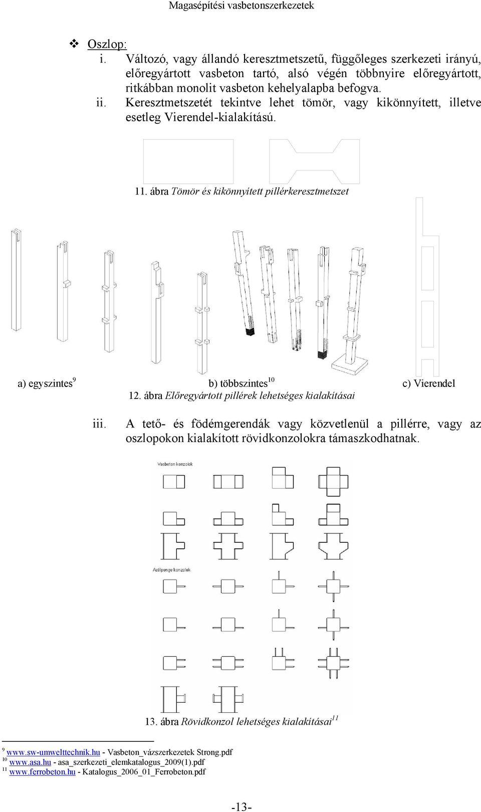 ábra Előregyártott pillérek lehetséges kialakításai iii. A tető- és födémgerendák vagy közvetlenül a pillérre, vagy az oszlopokon kialakított rövidkonzolokra támaszkodhatnak. 13.