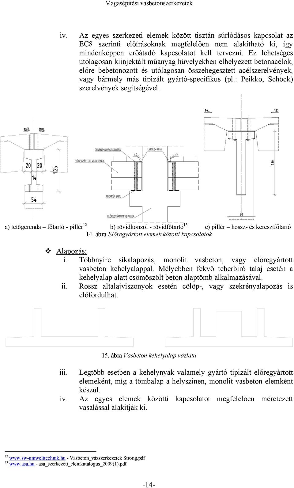 : Peikko, Schöck) szerelvények segítségével. a) tetőgerenda főtartó - pillér 12 b) rövidkonzol - rövidfőtartó 13 c) pillér hossz- és keresztfőtartó 14.