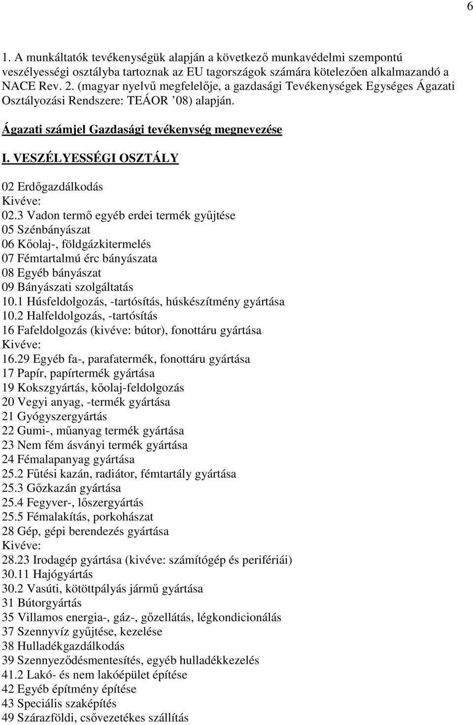 VESZÉLYESSÉGI OSZTÁLY 02 Erdıgazdálkodás Kivéve: 02.