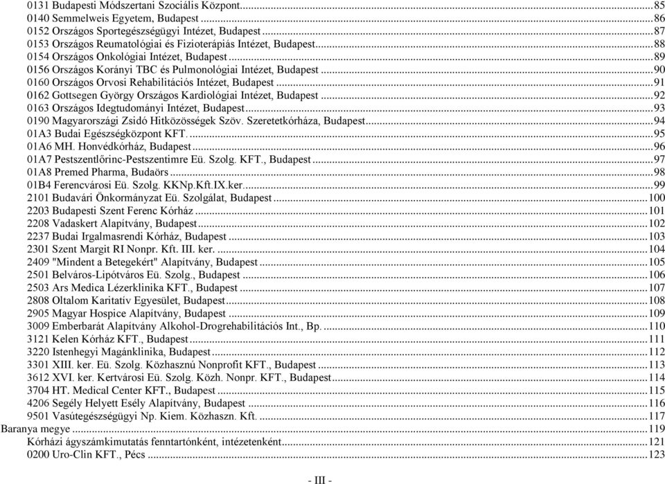 .. 90 0160 Országos Orvosi Rehabilitációs Intézet, Budapest... 91 0162 Gottsegen György Országos Kardiológiai Intézet, Budapest... 92 0163 Országos Idegtudományi Intézet, Budapest.