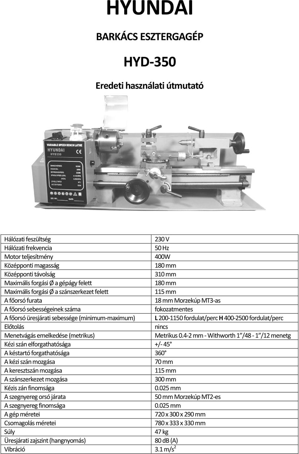 sebessége (minimum-maximum) L 200-1150 fordulat/perc H 400-2500 fordulat/perc Előtolás nincs Menetvágás emelkedése (metrikus) Metrikus 0.