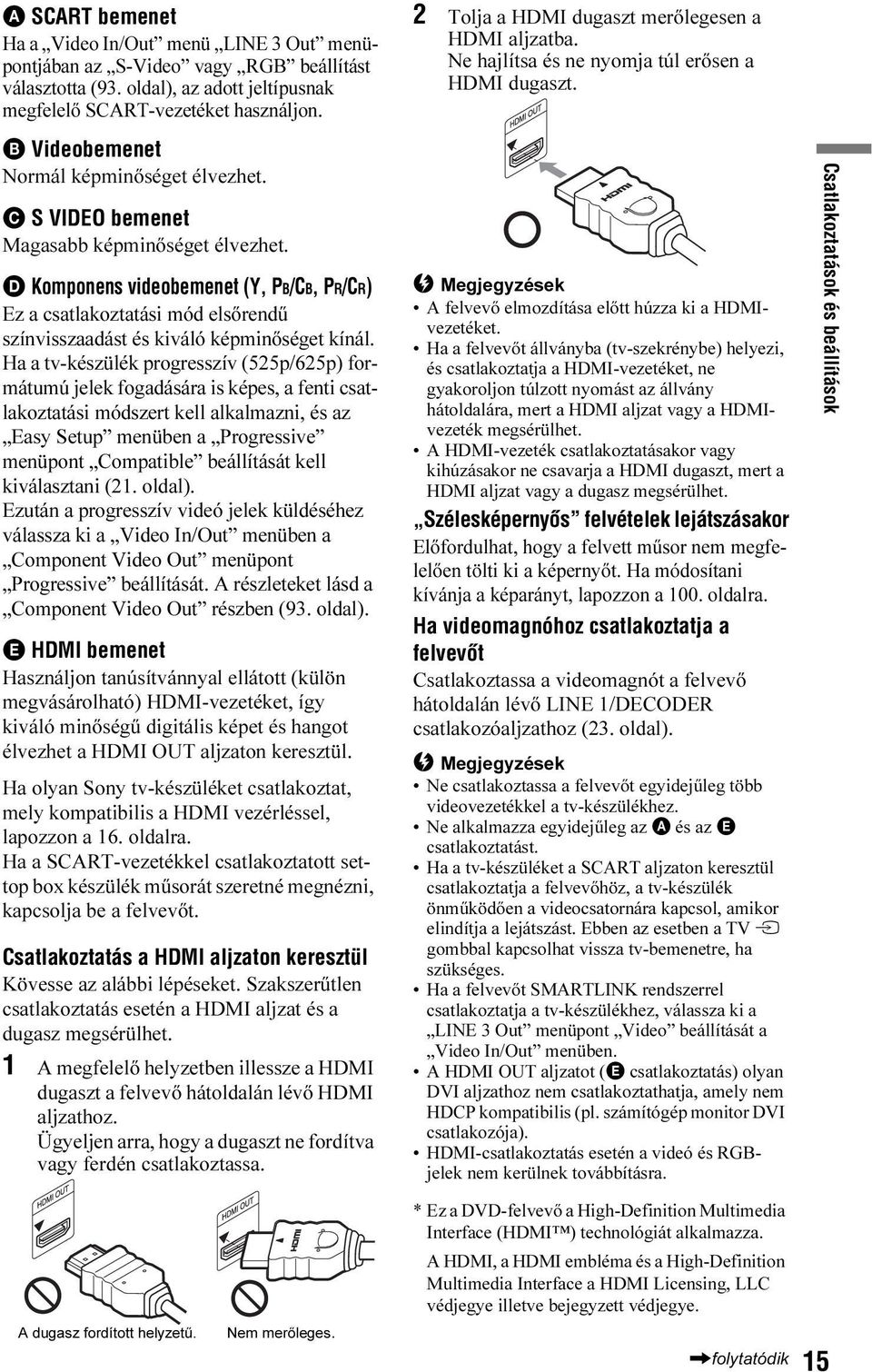 D Komponens videobemenet (Y, PB/CB, PR/CR) Ez a csatlakoztatási mód elsőrendű színvisszaadást és kiváló képminőséget kínál.
