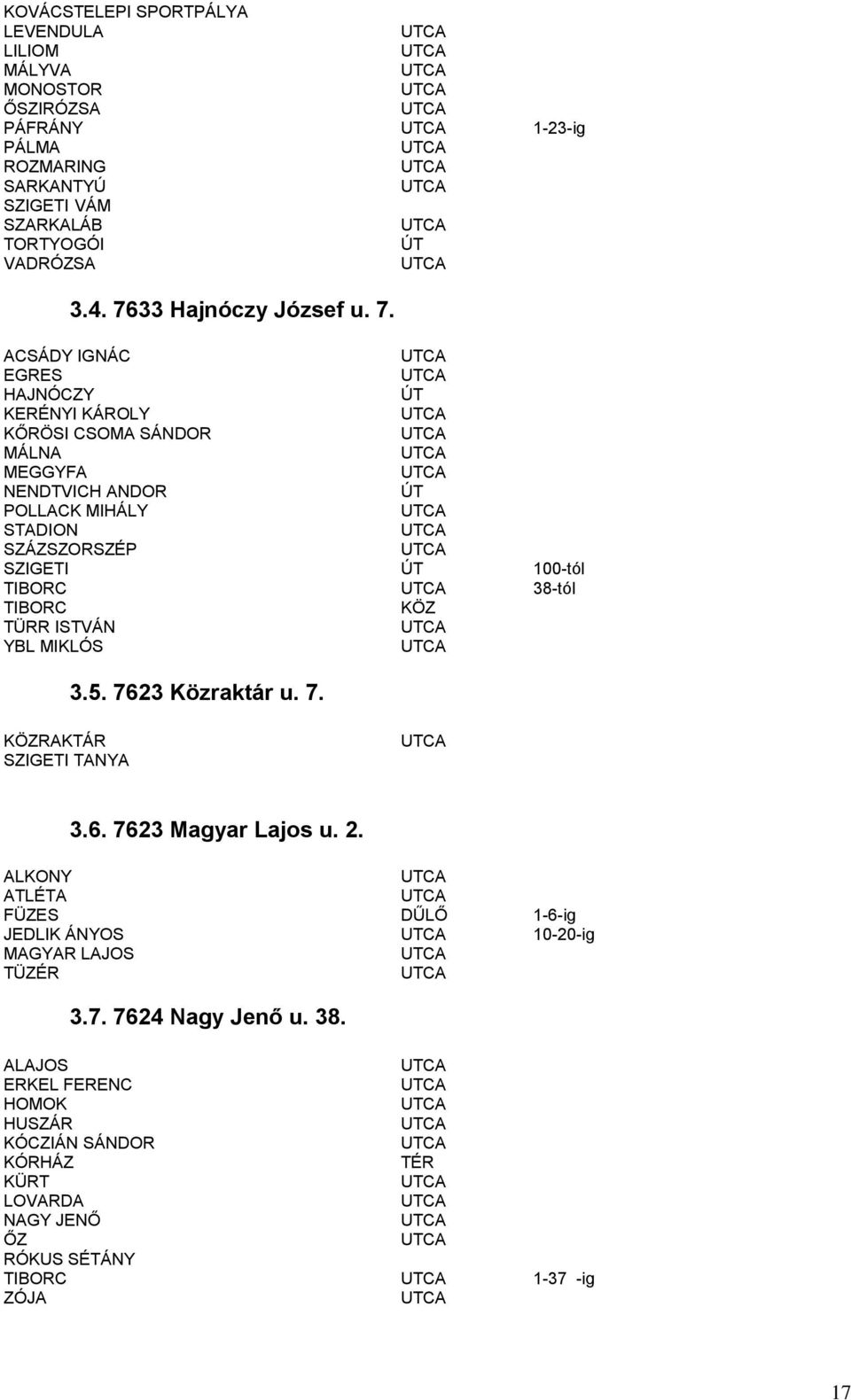ACSÁDY IGNÁC EGRES HAJNÓCZY KERÉNYI KÁROLY KŐRÖSI CSOMA SÁNDOR MÁLNA MEGGYFA NENDTVICH ANDOR POLLACK MIHÁLY STADION SZÁZSZORSZÉP SZIGETI 100-tól TIBORC 38-tól