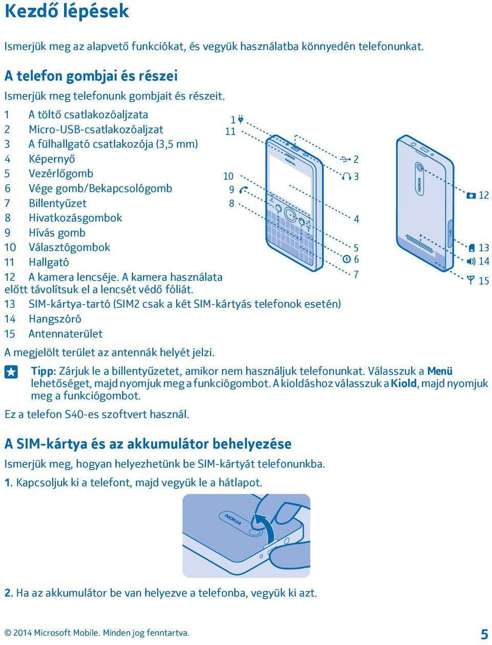 Hívás gomb 10 Választógombok 11 Hallgató 12 A kamera lencséje. A kamera használata előtt távolítsuk el a lencsét védő fóliát.
