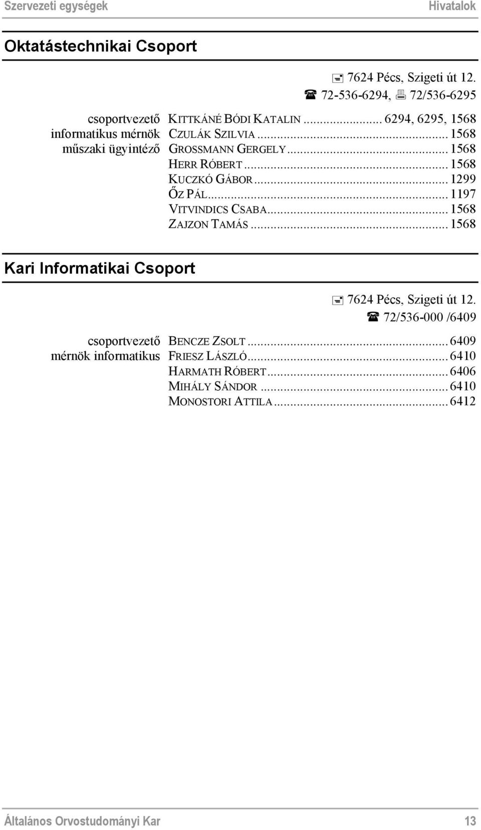 ..1299 ŐZ PÁL...1197 VITVINDICS CSABA...1568 ZAJZON TAMÁS...1568 Kari Informatikai Csoport 7624 Pécs, Szigeti út 12.