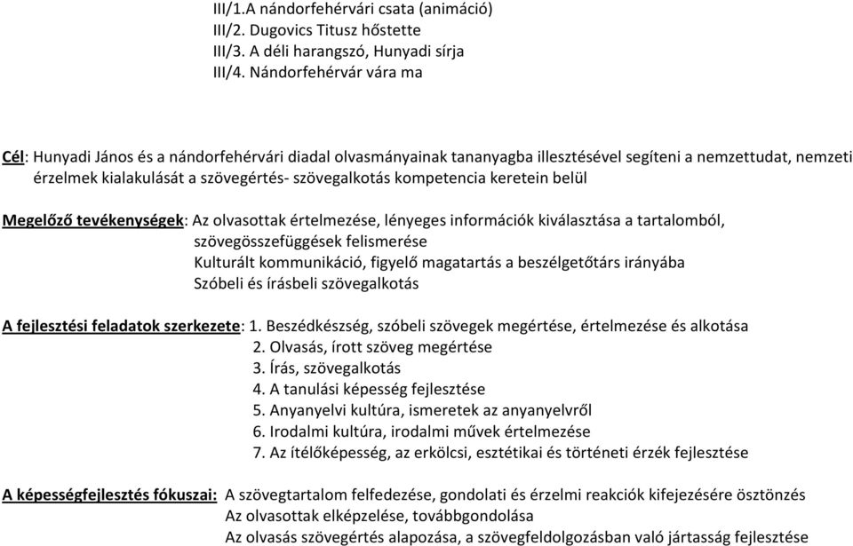 kompetencia keretein belül Megelőző tevékenységek: Az olvasottak értelmezése, lényeges információk kiválasztása a tartalomból, szövegösszefüggések felismerése Kulturált figyelő magatartás a