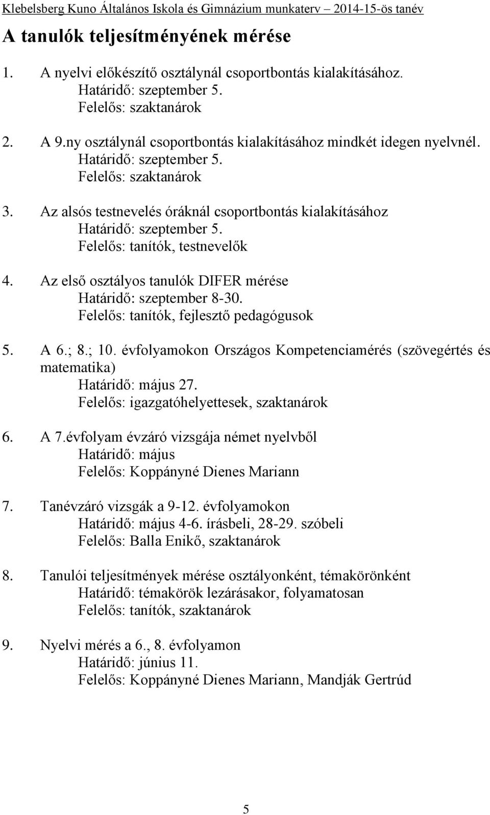 Felelős: tanítók, testnevelők 4. Az első osztályos tanulók DIFER mérése Határidő: szeptember 8-30. Felelős: tanítók, fejlesztő pedagógusok 5. A 6.; 8.; 10.