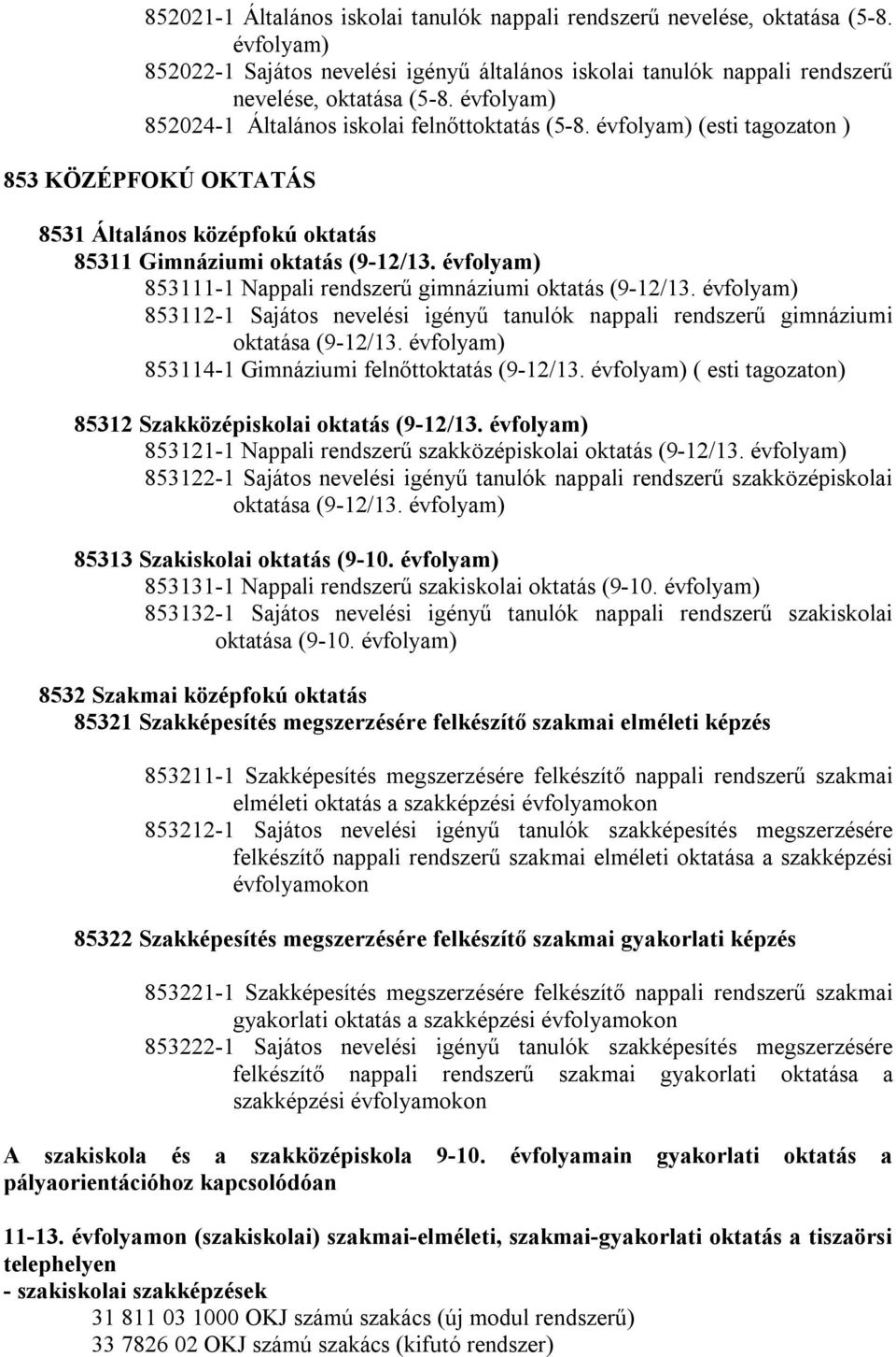 évfolyam) 853111-1 Nappali rendszerű gimnáziumi oktatás (9-12/13. évfolyam) 853112-1 Sajátos nevelési igényű tanulók nappali rendszerű gimnáziumi oktatása (9-12/13.