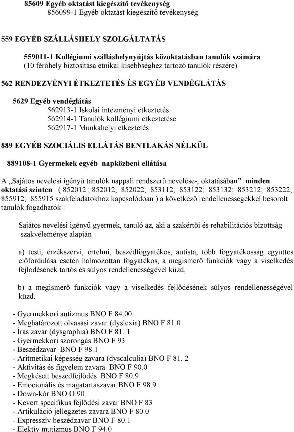 kollégiumi étkeztetése 562917-1 Munkahelyi étkeztetés 889 EGYÉB SZOCIÁLIS ELLÁTÁS BENTLAKÁS NÉLKÜL 889108-1 Gyermekek egyéb napközbeni ellátása A Sajátos nevelési igényű tanulók nappali rendszerű