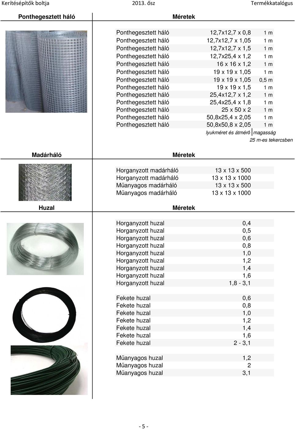 háló 25,4x25,4 x 1,8 1 m Ponthegesztett háló 25 x 50 x 2 1 m Ponthegesztett háló 50,8x25,4 x 2,05 1 m Ponthegesztett háló 50,8x50,8 x 2,05 1 m lyukméret és átmérő magasság 25 m-es tekercsben