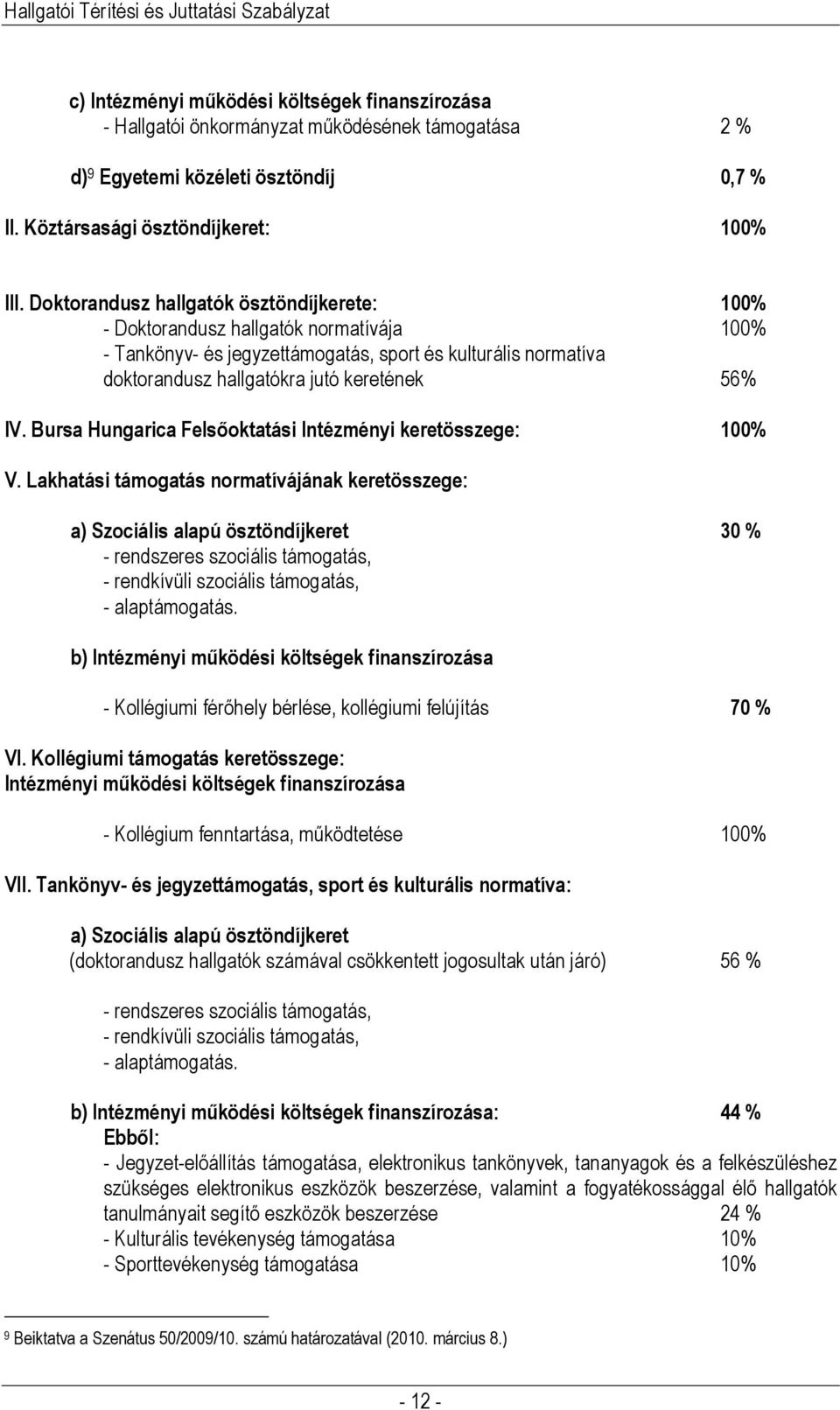 Bursa Hungarica Felsőoktatási Intézményi keretösszege: 100% V.