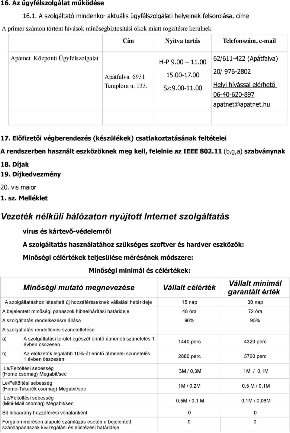 00 62/611-422 (Apátfalva) 20/ 976-2802 Helyi hívással elérhető 06-40-620-897 apatnet@apatnet.hu 17.