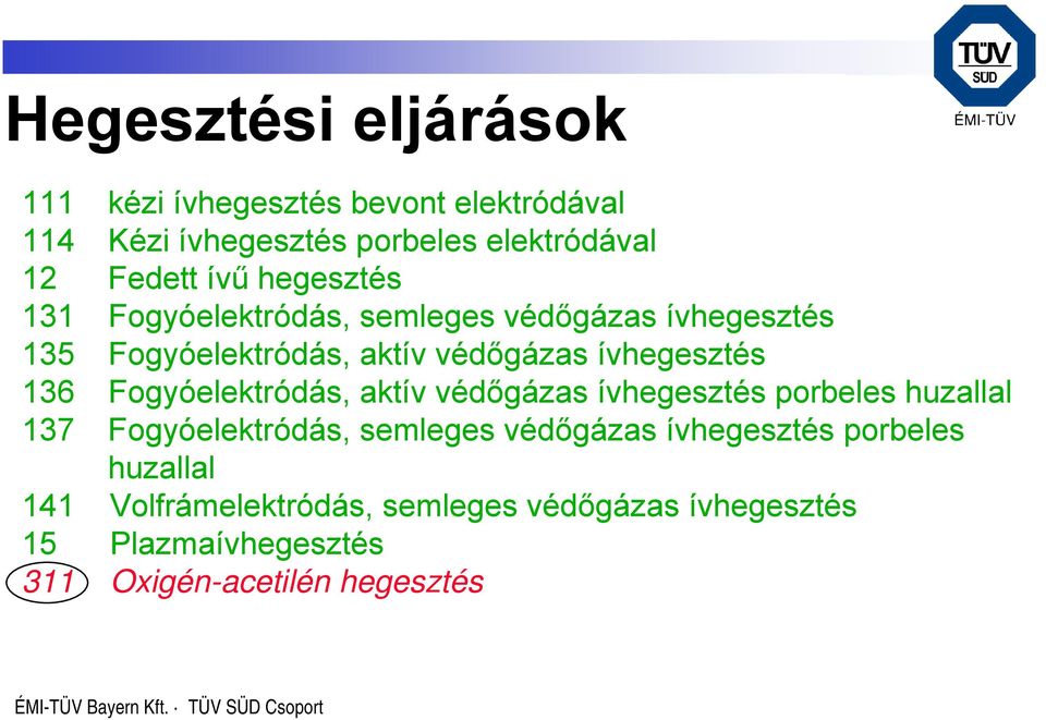 136 Fogyóelektródás, aktív védőgázas ívhegesztés porbeles huzallal 137 Fogyóelektródás, semleges védőgázas