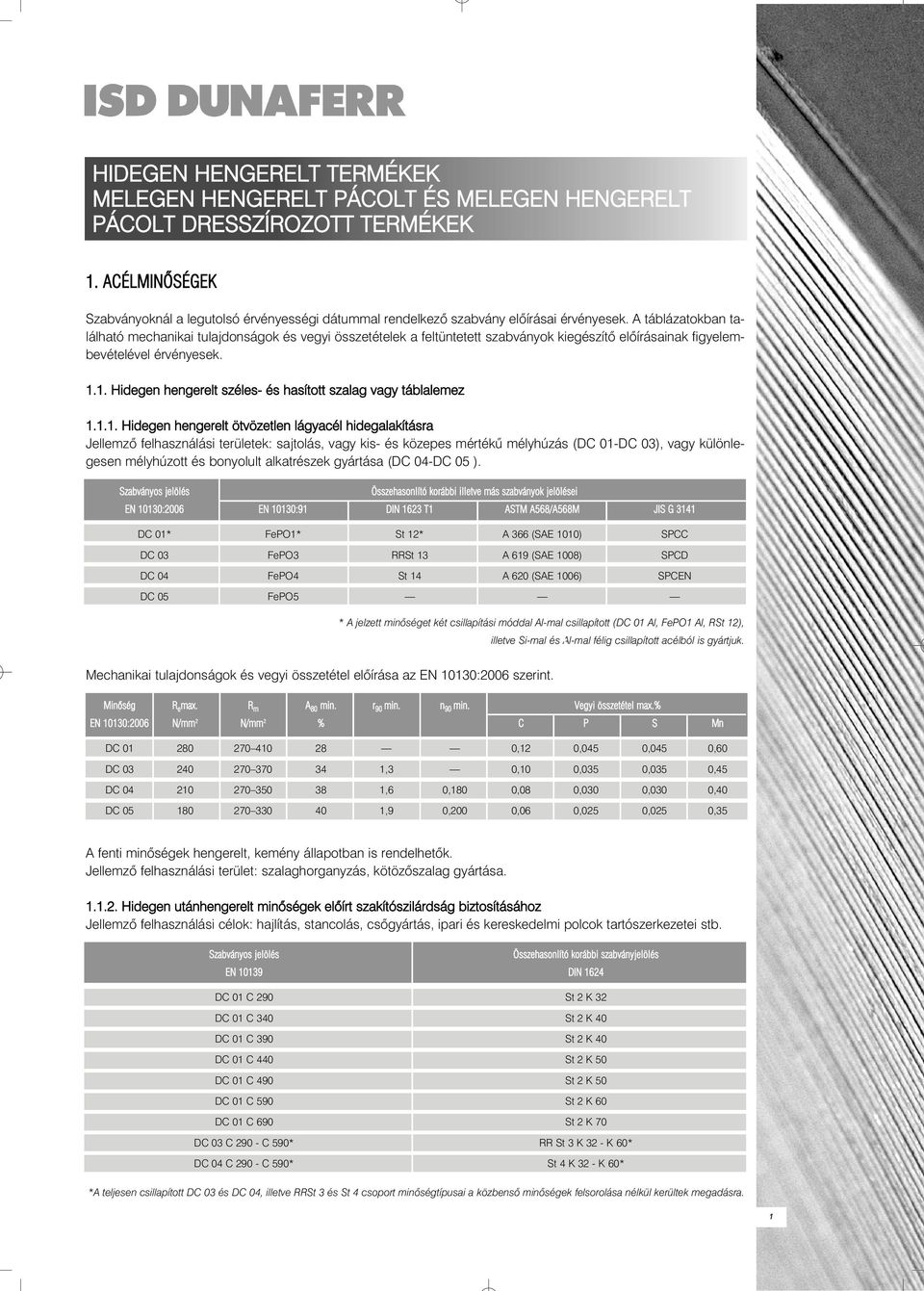 A táblázatokban található mechanikai tulajdonságok és vegyi összetételek a feltüntetett szabványok kiegészítõ elõírásainak figyelembevételével érvényesek. 1.