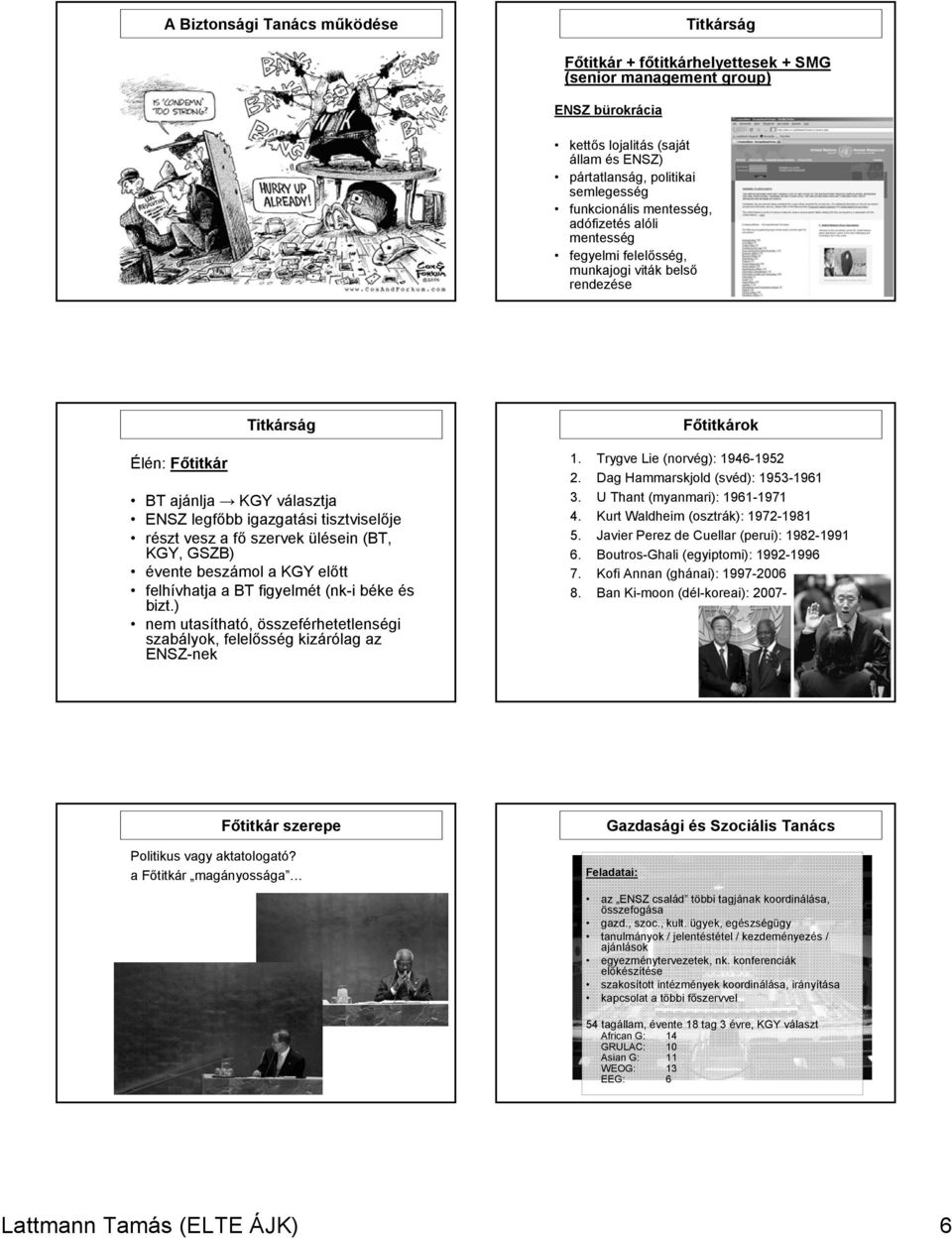 szervek ülésein (BT, KGY, GSZB) évente beszámol a KGY előtt felhívhatja a BT figyelmét (nki béke és bizt.) nem utasítható, összeférhetetlenségi szabályok, felelősség kizárólag az ENSZnek Főtitkárok.
