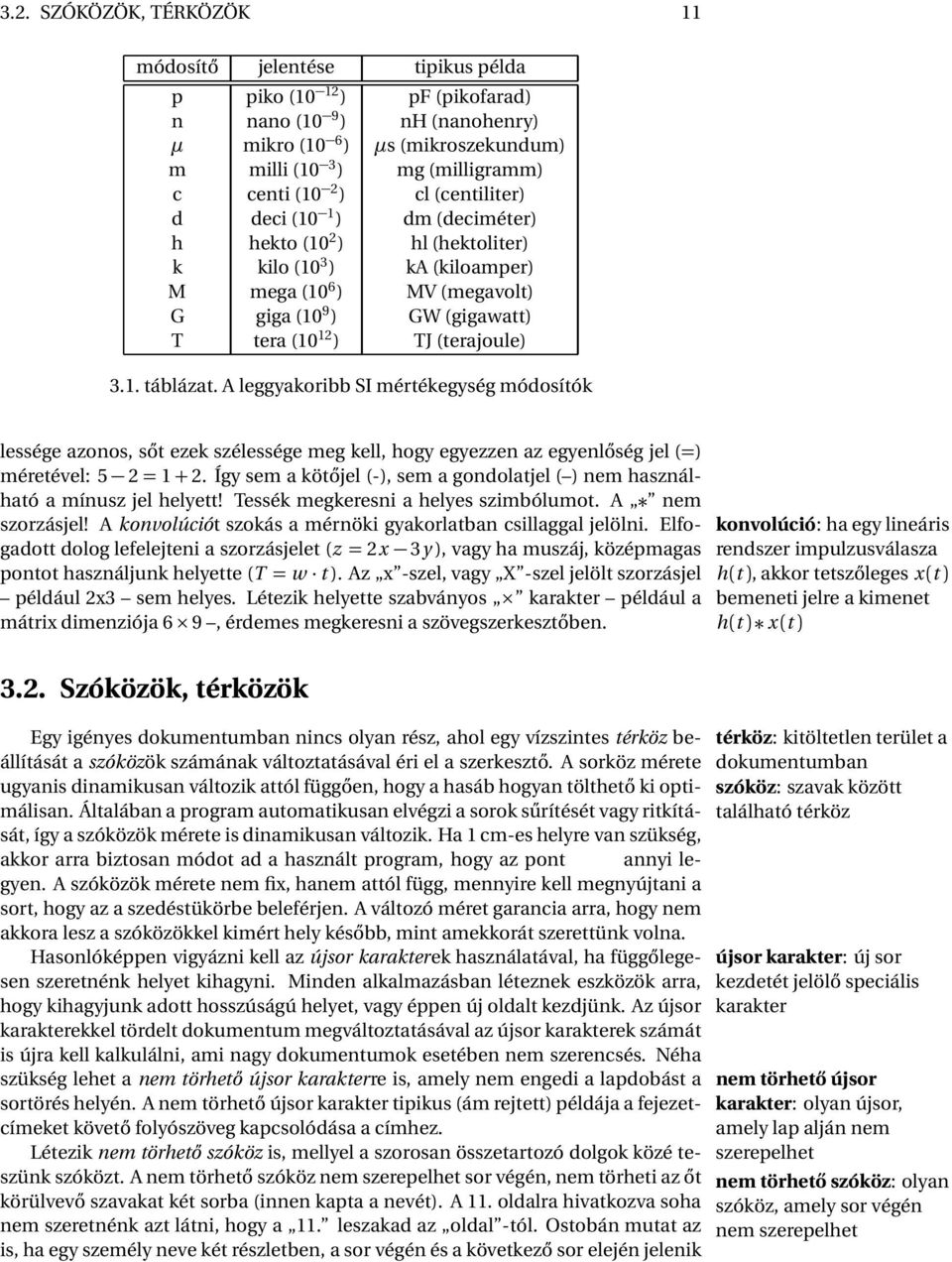 (terajoule) 3.1. táblázat. A leggyakoribb SI mértékegység módosítók lessége azonos, sőt ezek szélessége meg kell, hogy egyezzen az egyenlőség jel (=) méretével: 5 2=1+2.